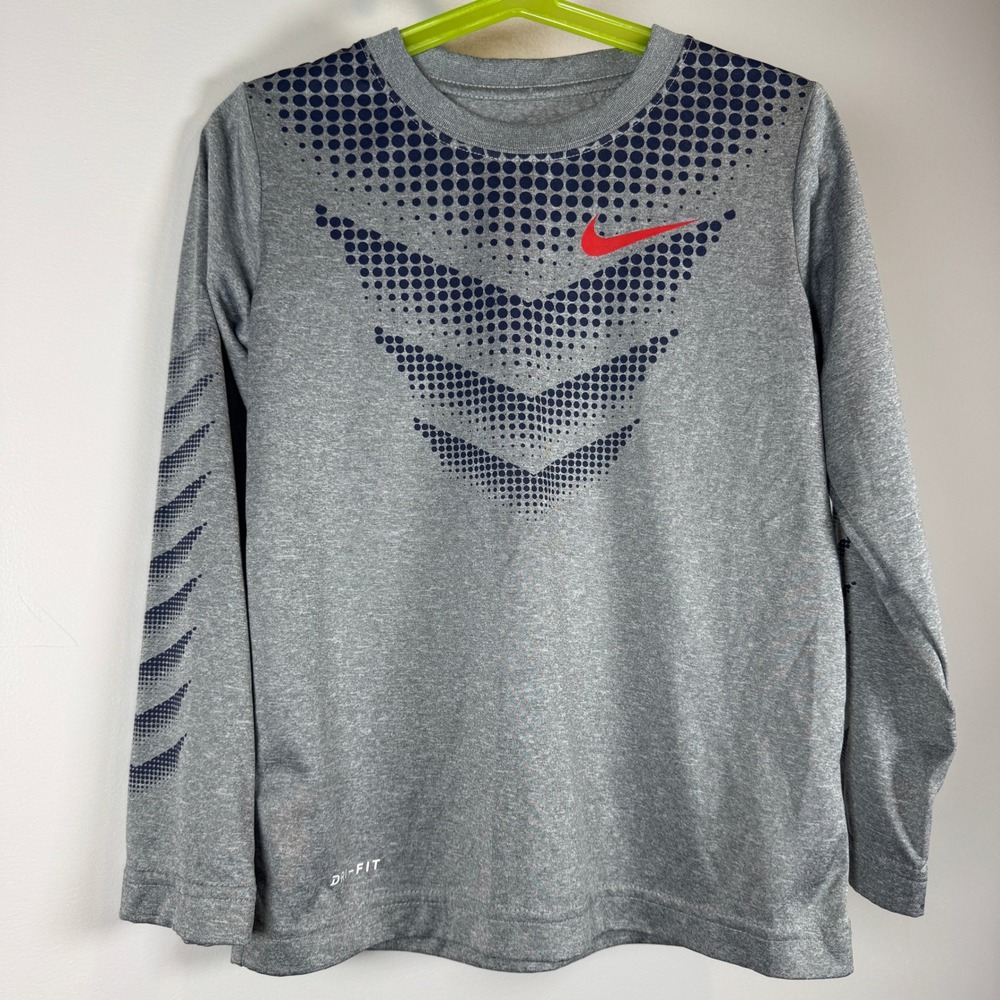 Nike Boys 6 Gray Red Swoosh Dri-FIT Long Sleeve Graphic Tee Athletic Lightweight